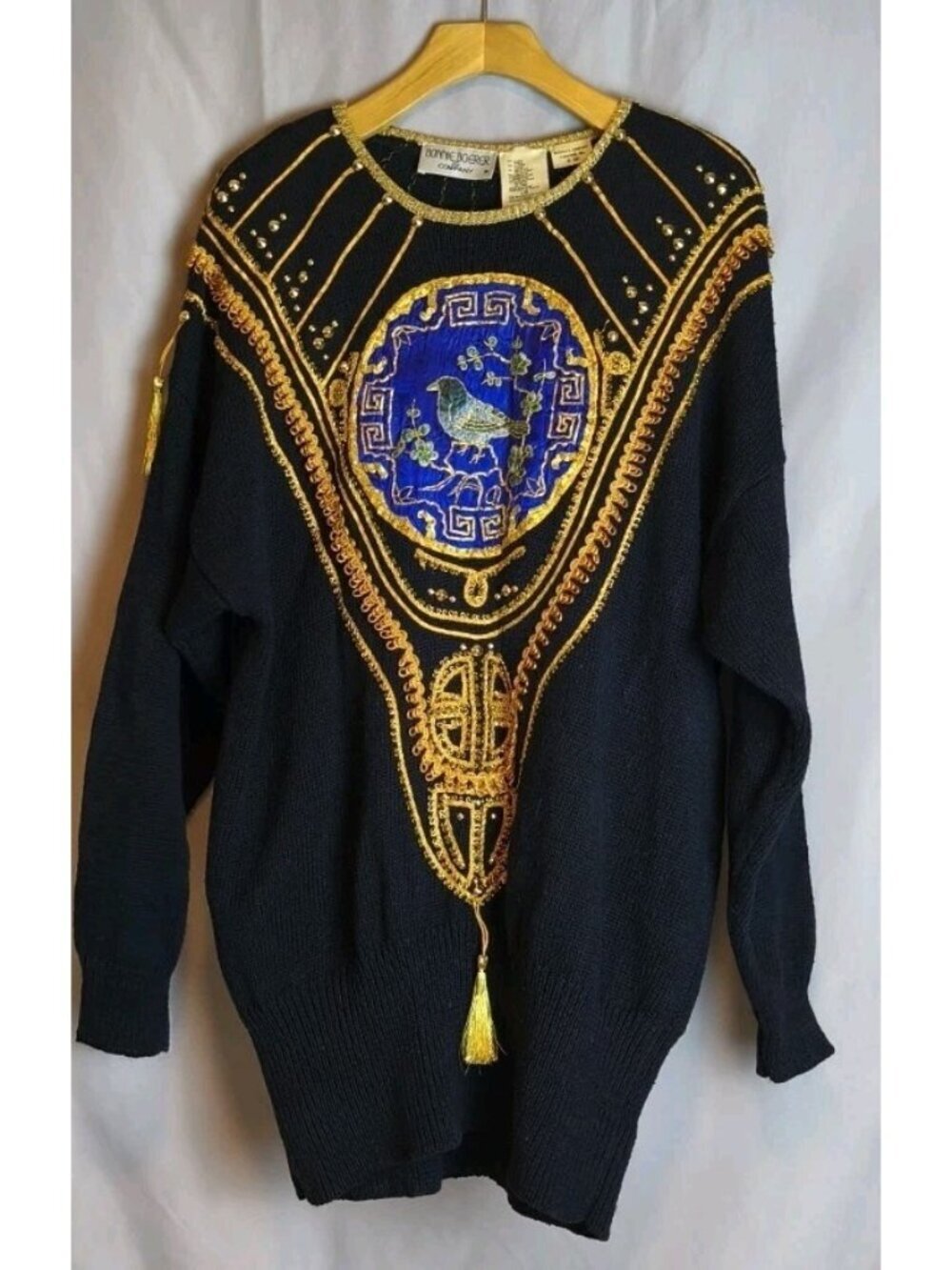 Bonnie Boerer 1987 Vtg Black Knit Sweater Gold Chinese Bird Applique Tassel L